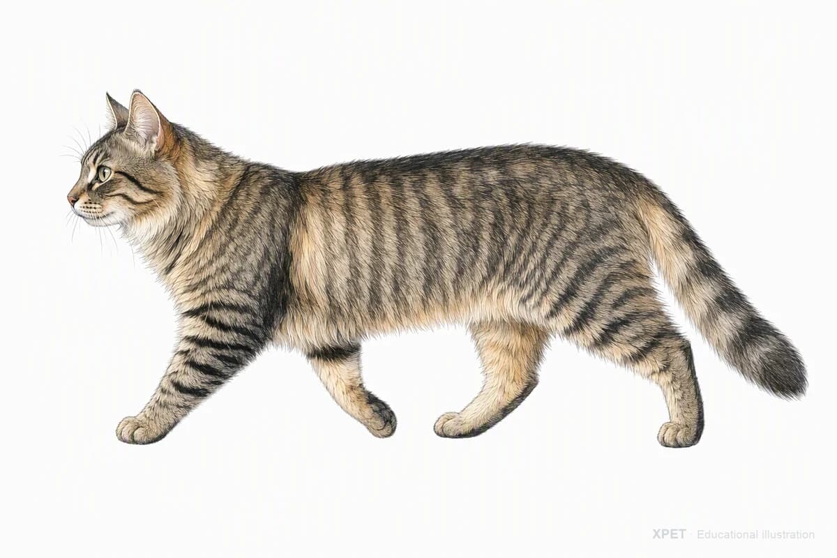 Original XPET engraving and watercolor illustration of Domestic Mediumhair: a natural movement study.