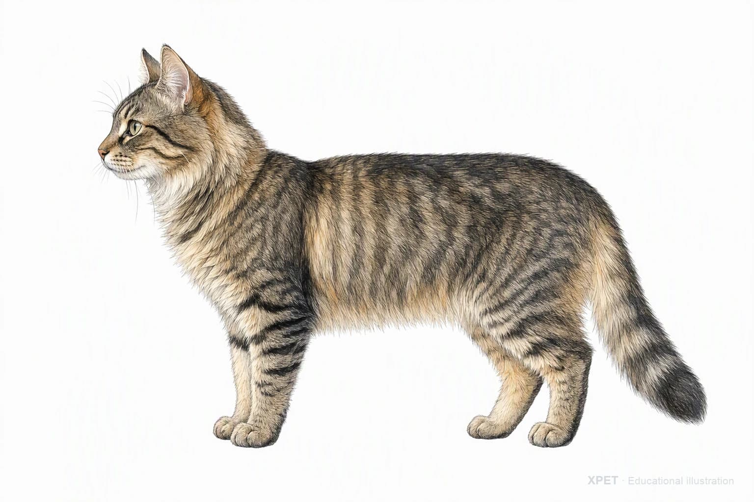 Original XPET engraving and watercolor illustration of Domestic Mediumhair: an adult in left-facing profile.