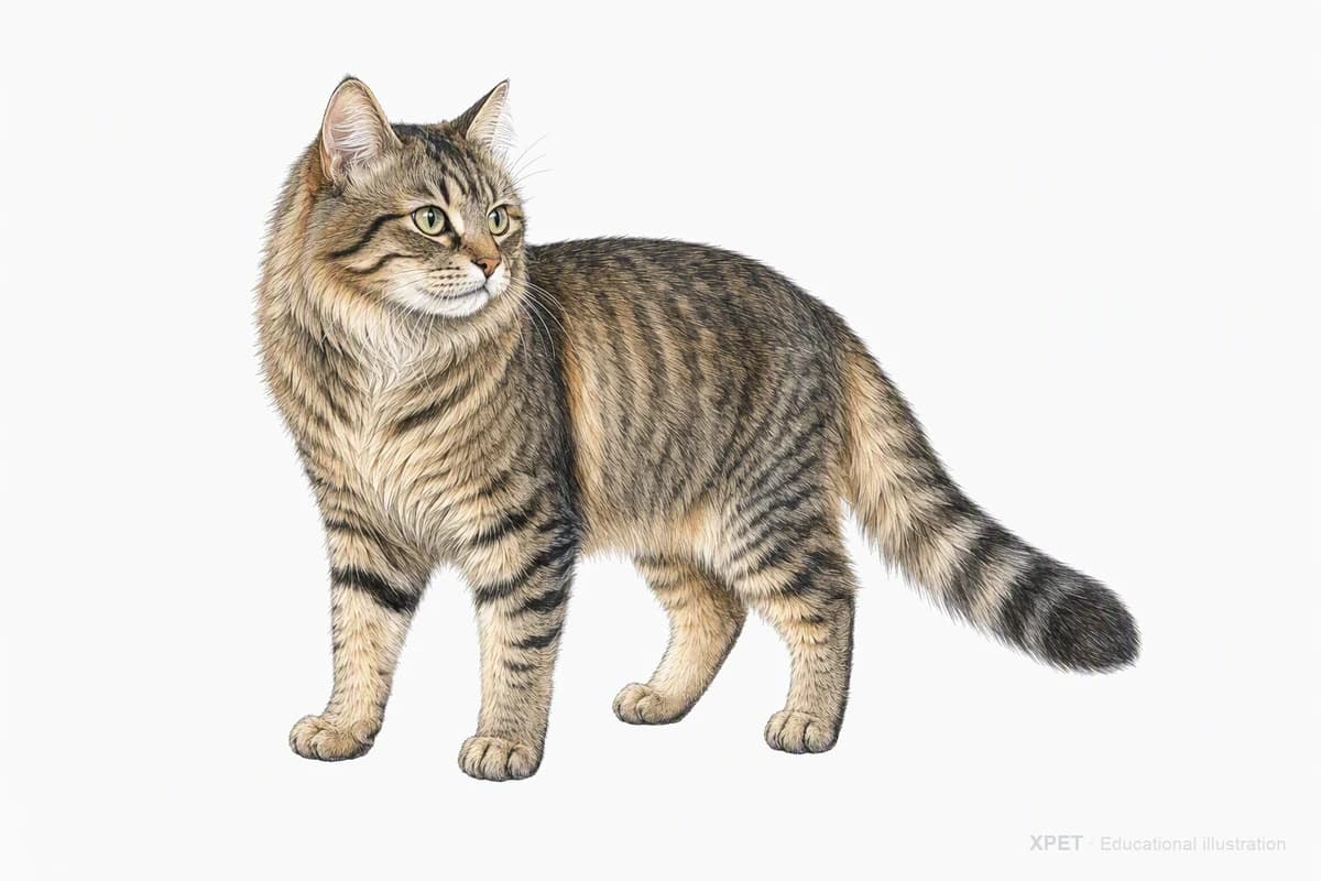 Original XPET engraving and watercolor illustration of Domestic Mediumhair: a complete three-quarter standing view.