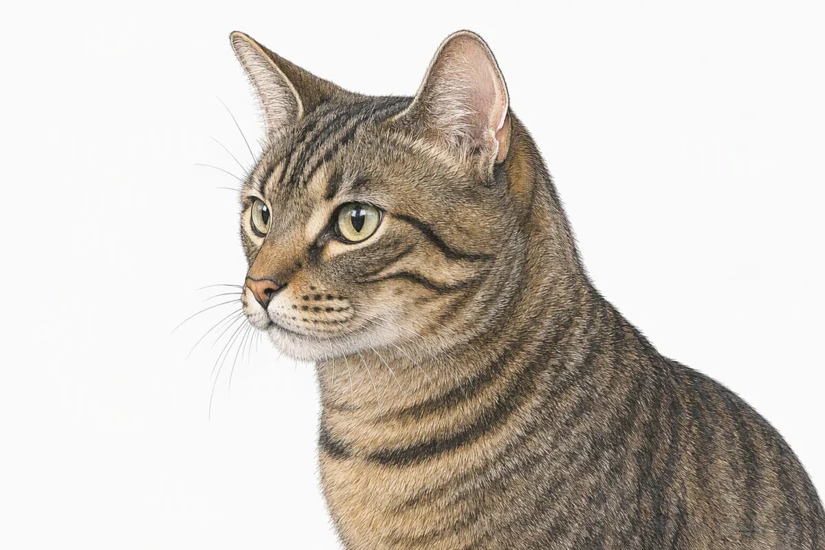 Original XPET engraving and watercolor illustration of Domestic Shorthair: a head and coat detail study.