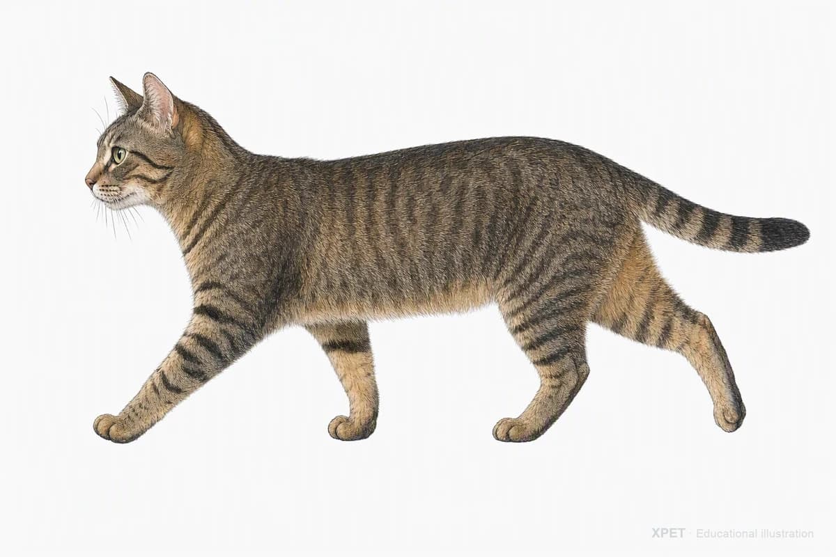 Original XPET engraving and watercolor illustration of Domestic Shorthair: a natural movement study.
