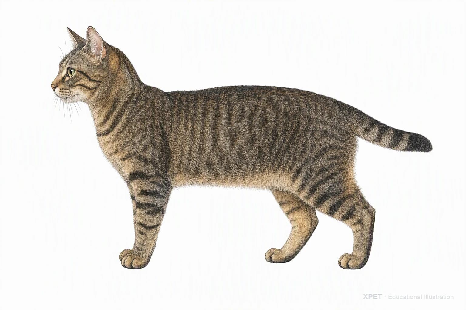 Original XPET engraving and watercolor illustration of Domestic Shorthair: an adult in left-facing profile.