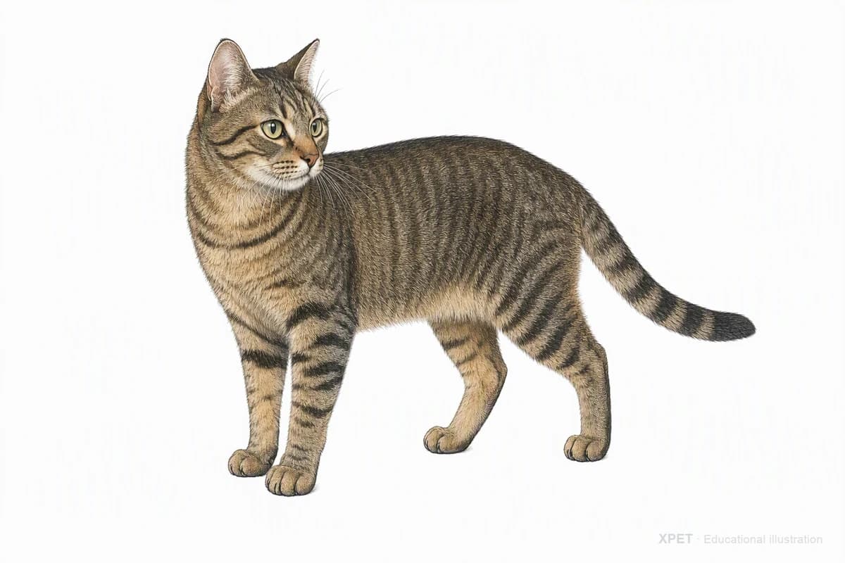 Original XPET engraving and watercolor illustration of Domestic Shorthair: a complete three-quarter standing view.