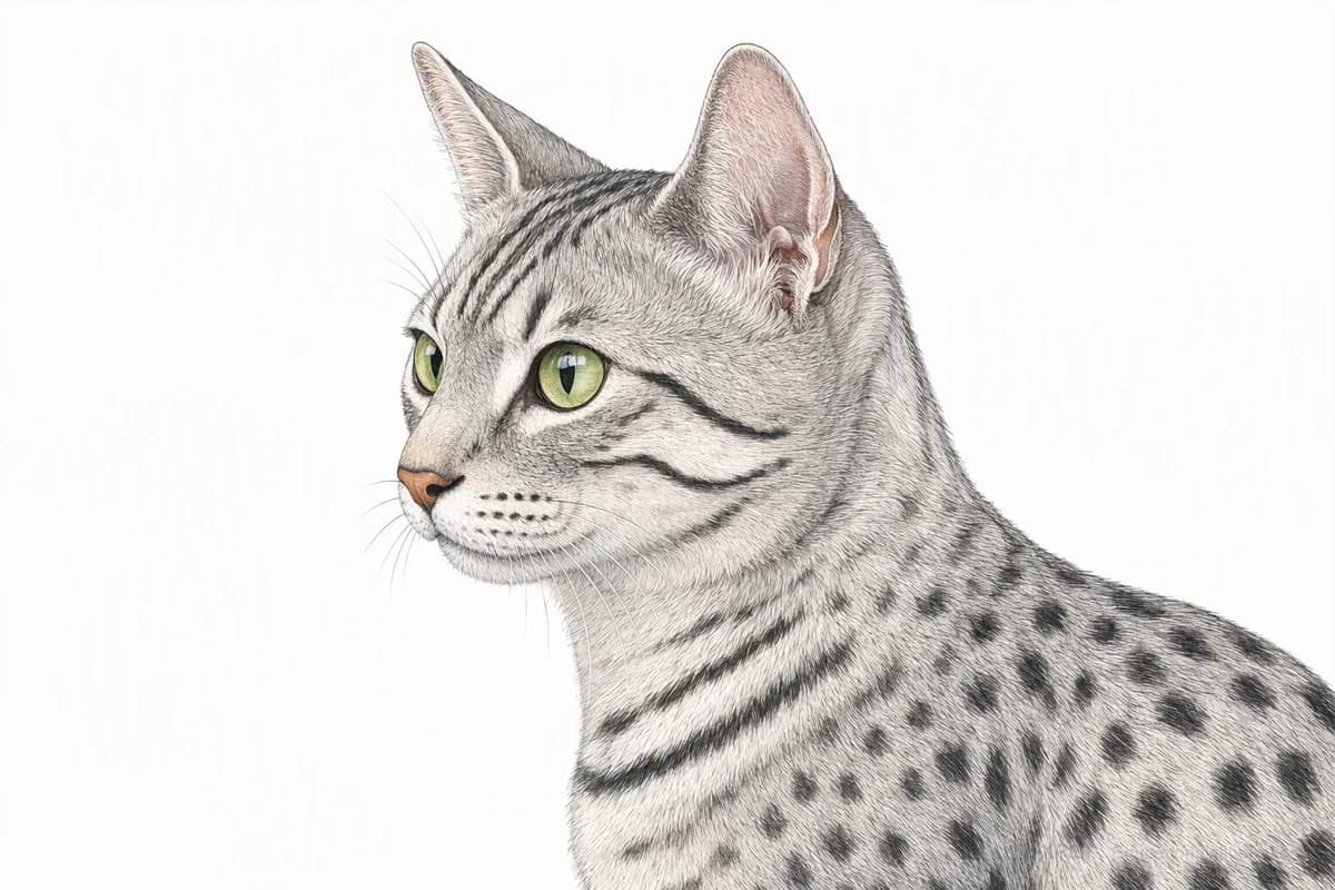 Original XPET engraving and watercolor illustration of Egyptian Mau: a head and coat detail study.