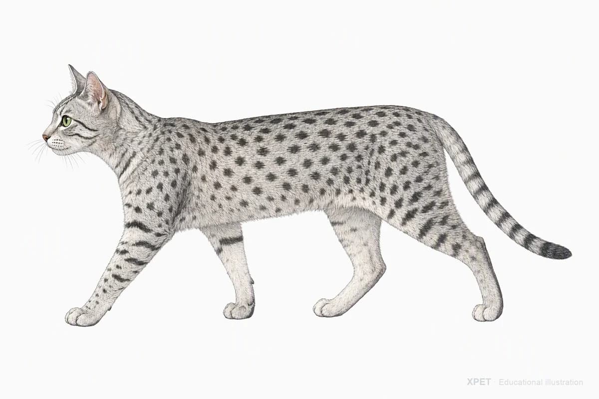 Original XPET engraving and watercolor illustration of Egyptian Mau: a natural movement study.
