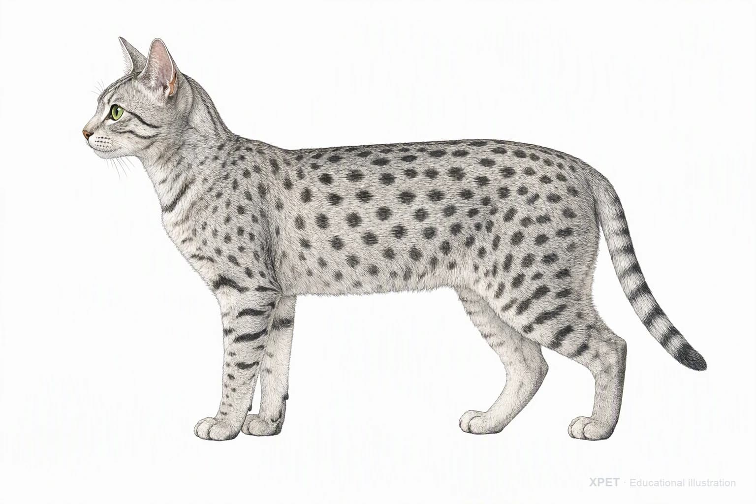 Original XPET engraving and watercolor illustration of Egyptian Mau: an adult in left-facing profile.
