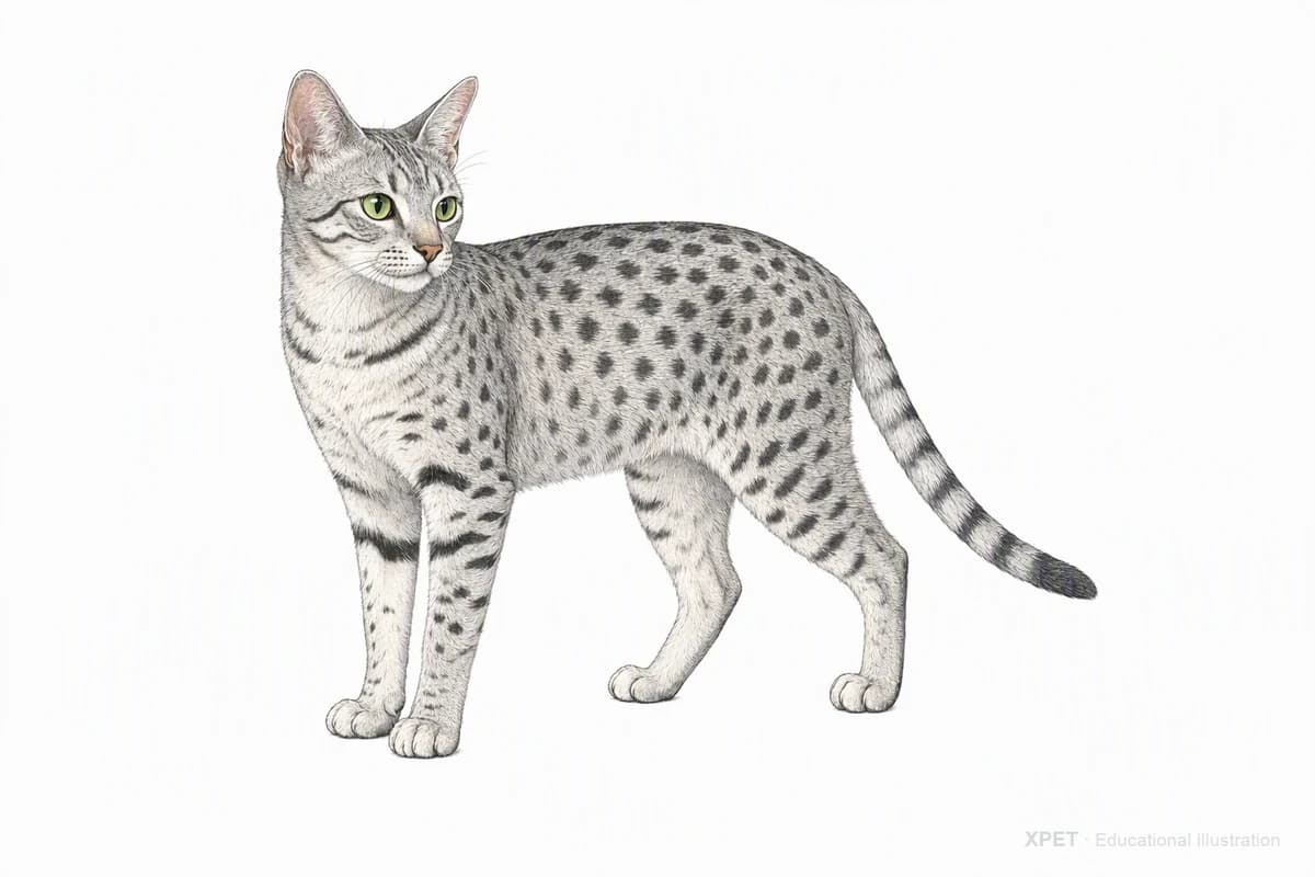 Original XPET engraving and watercolor illustration of Egyptian Mau: a complete three-quarter standing view.