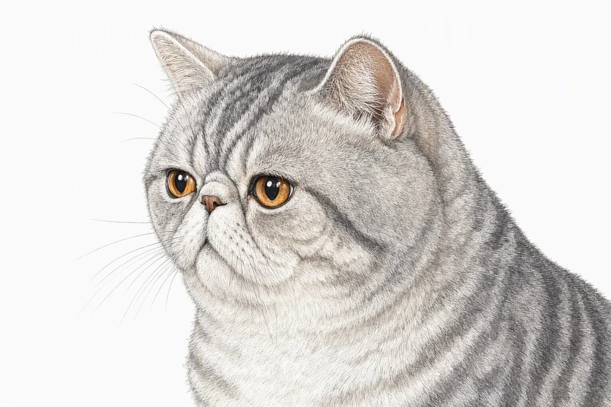 Original XPET engraving and watercolor illustration of Exotic Shorthair: a head and coat detail study.