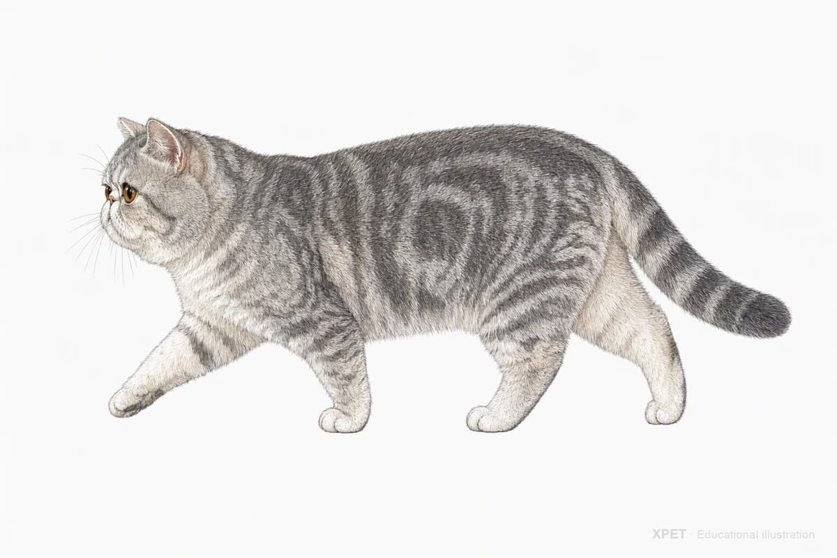 Original XPET engraving and watercolor illustration of Exotic Shorthair: a natural movement study.