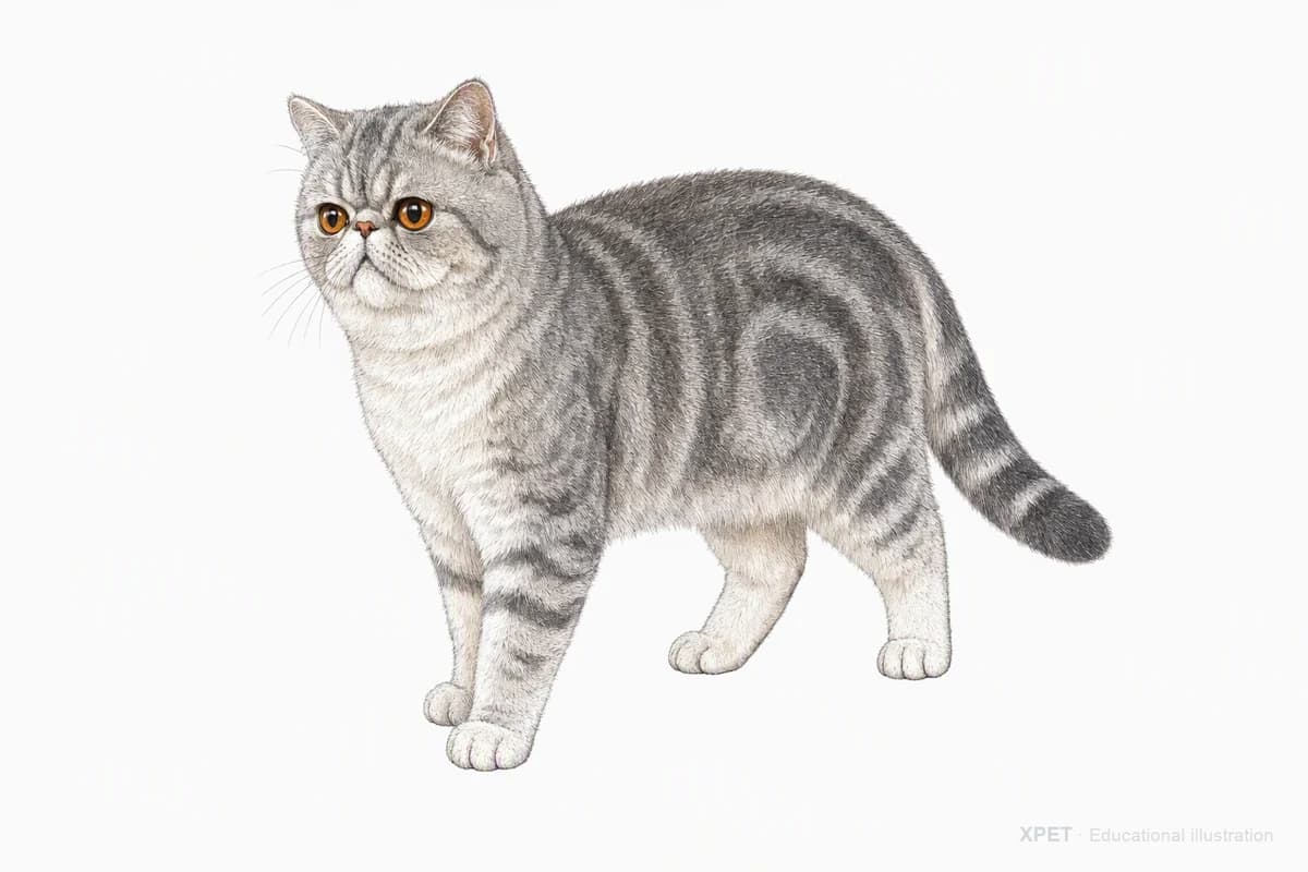 Original XPET engraving and watercolor illustration of Exotic Shorthair: a complete three-quarter standing view.