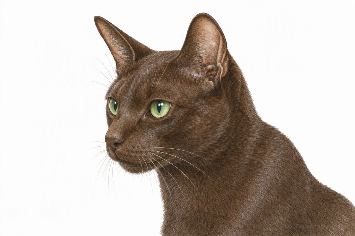 Original XPET engraving and watercolor illustration of Havana Brown: a head and coat detail study.