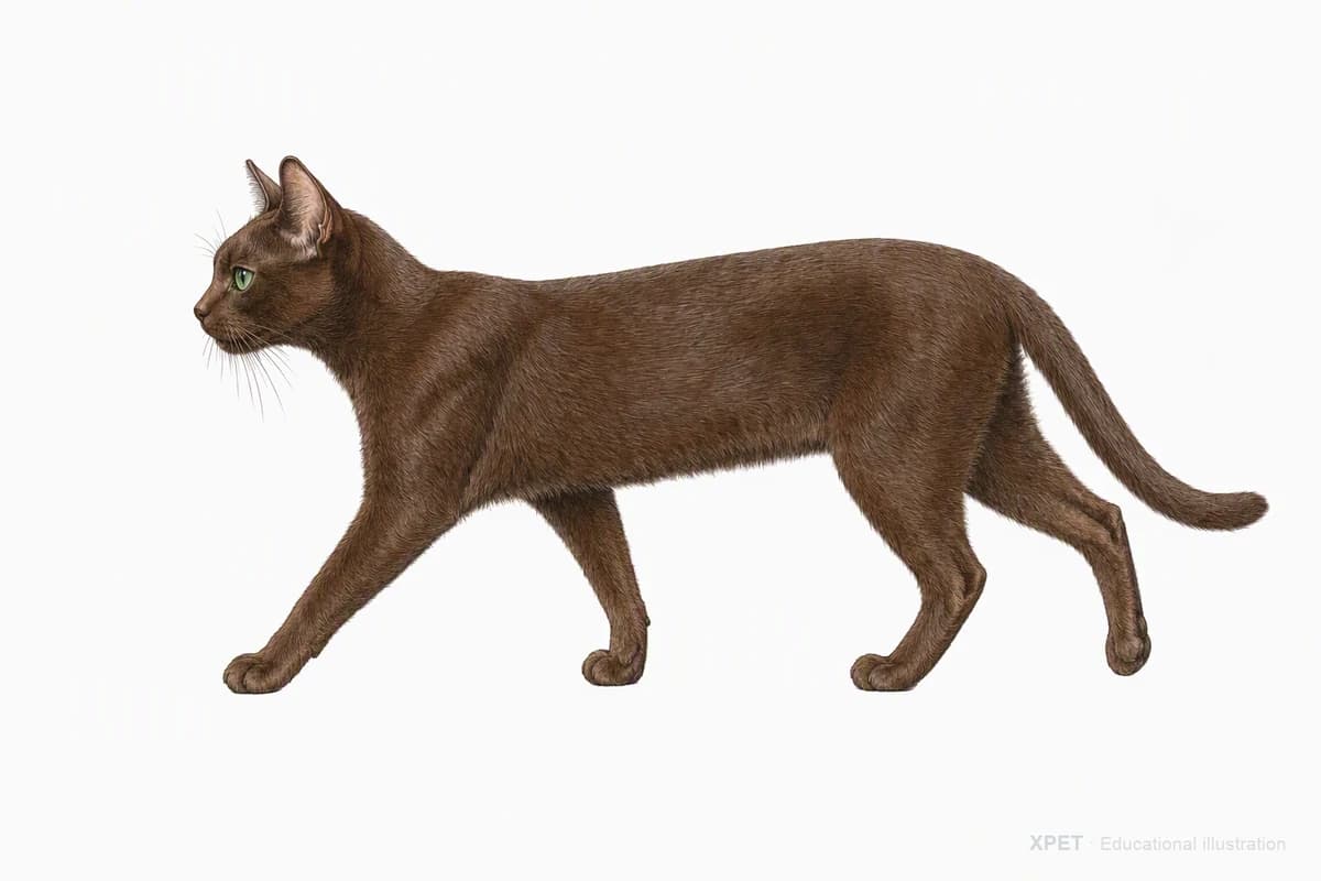 Original XPET engraving and watercolor illustration of Havana Brown: a natural movement study.