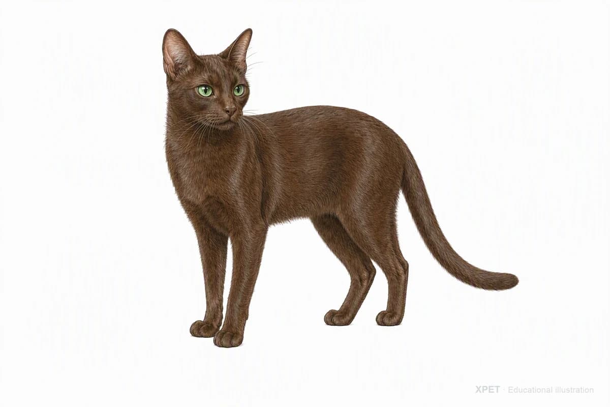 Original XPET engraving and watercolor illustration of Havana Brown: a complete three-quarter standing view.