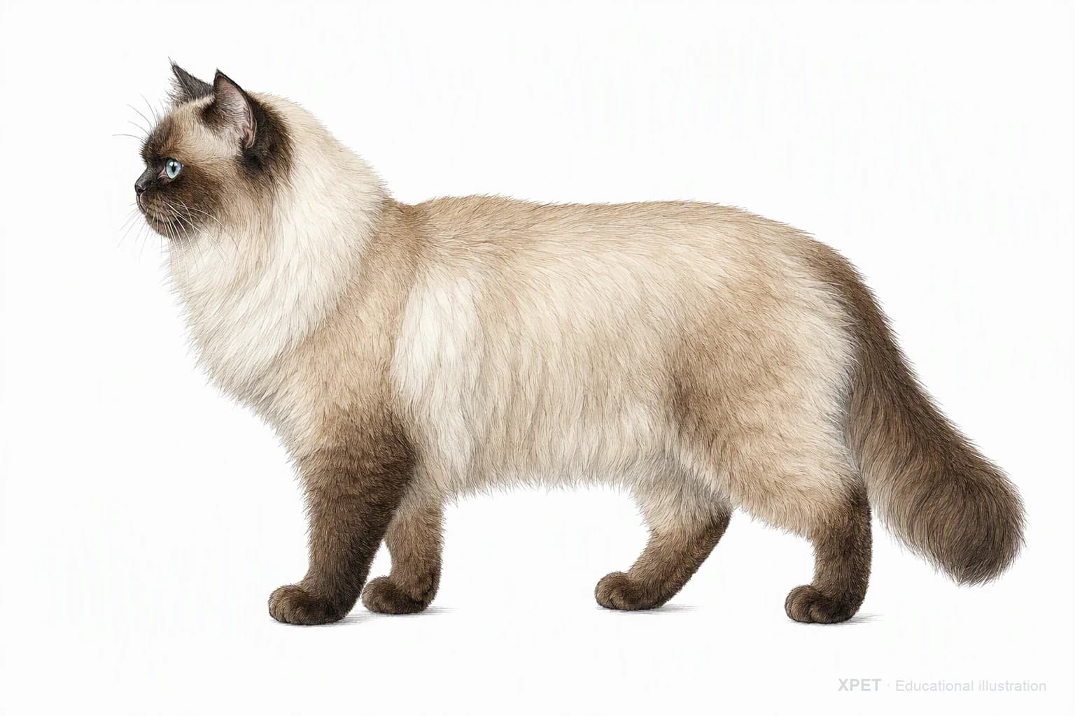 Original XPET engraving and watercolor illustration of Himalayan: an adult in left-facing profile.