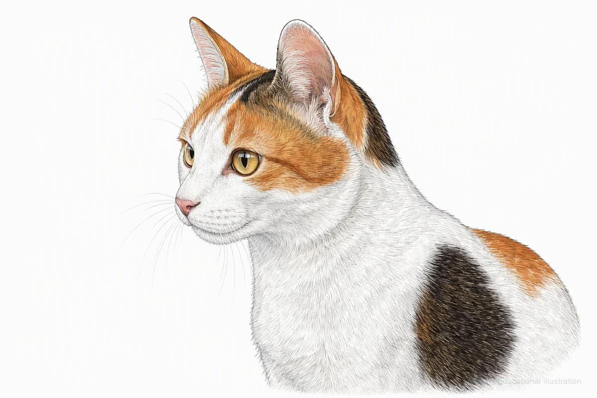 Original XPET engraving and watercolor illustration of Japanese Bobtail: a head and coat detail study.