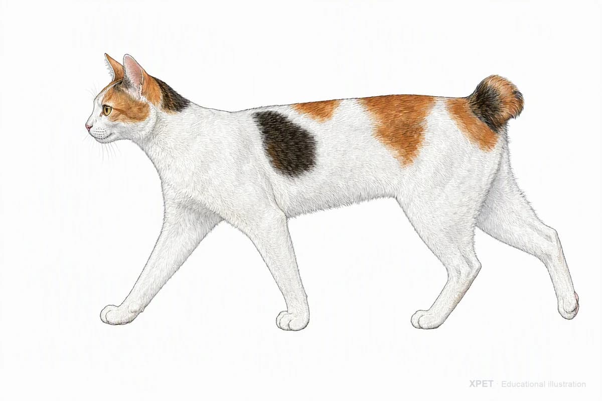 Original XPET engraving and watercolor illustration of Japanese Bobtail: a natural movement study.