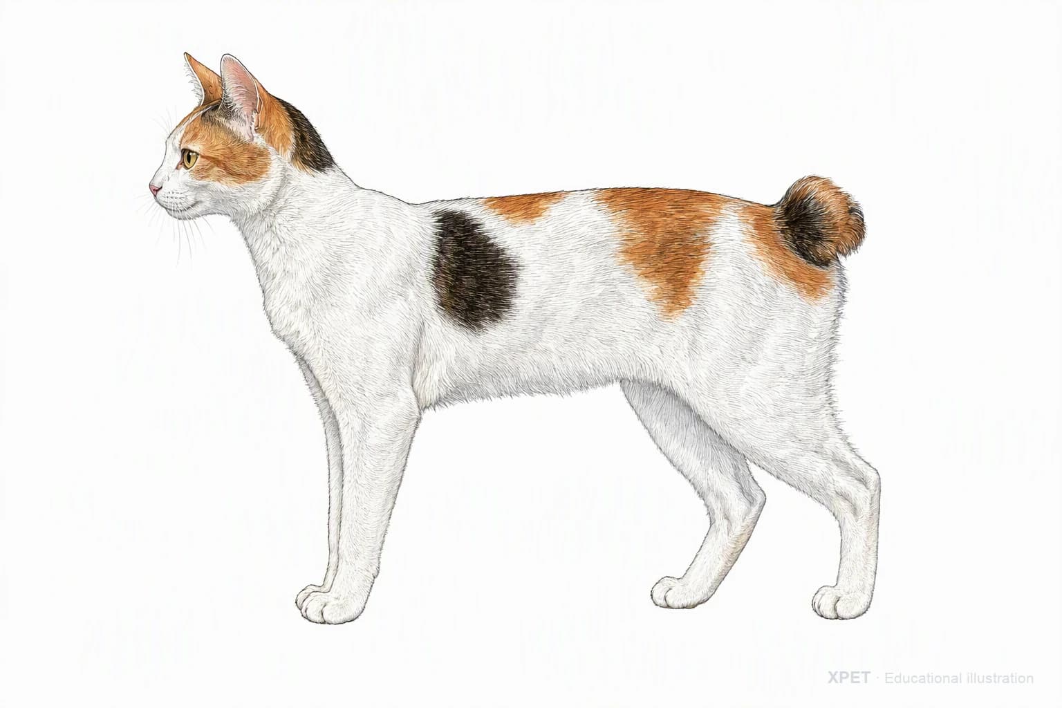 Original XPET engraving and watercolor illustration of Japanese Bobtail: an adult in left-facing profile.