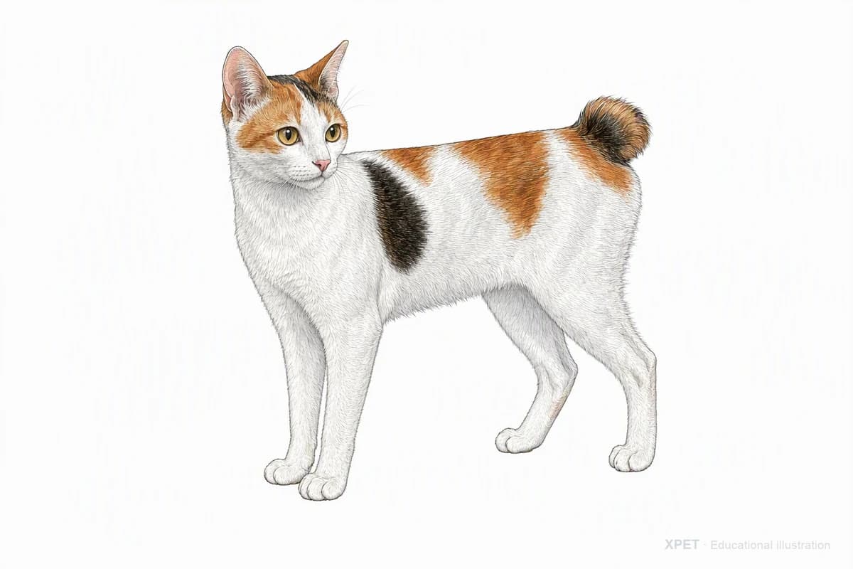 Original XPET engraving and watercolor illustration of Japanese Bobtail: a complete three-quarter standing view.