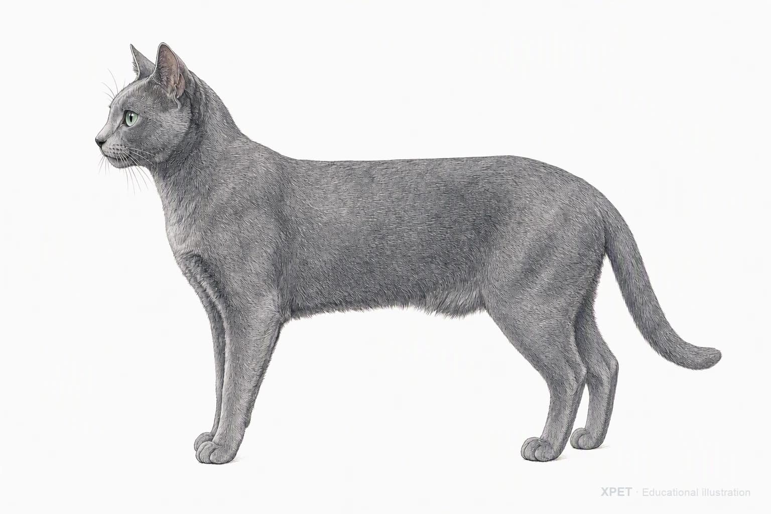 Original XPET engraving and watercolor illustration of Korat: an adult in left-facing profile.