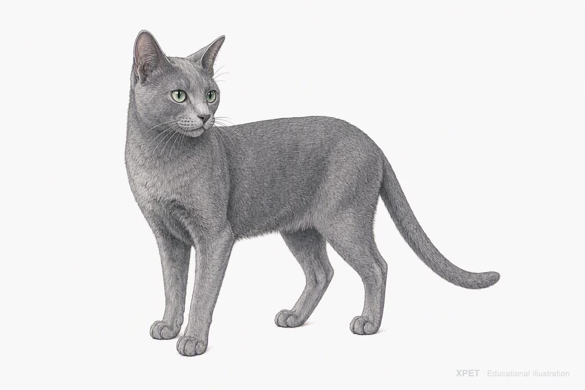 Original XPET engraving and watercolor illustration of Korat: a complete three-quarter standing view.