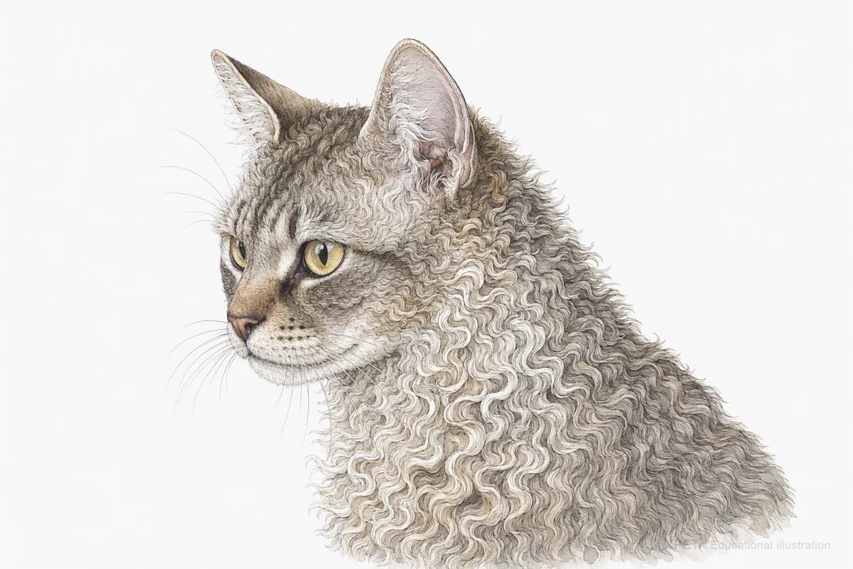 Original XPET engraving and watercolor illustration of LaPerm: a head and coat detail study.