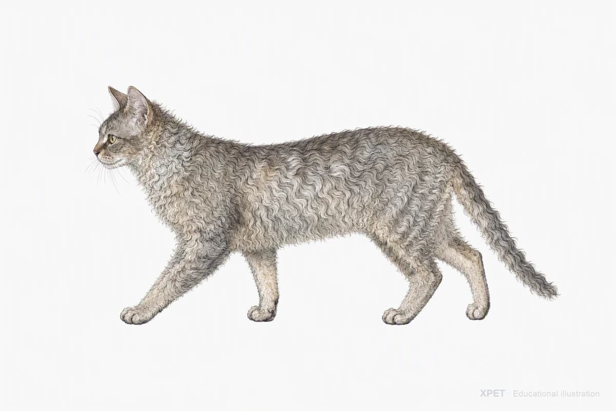 Original XPET engraving and watercolor illustration of LaPerm: a natural movement study.