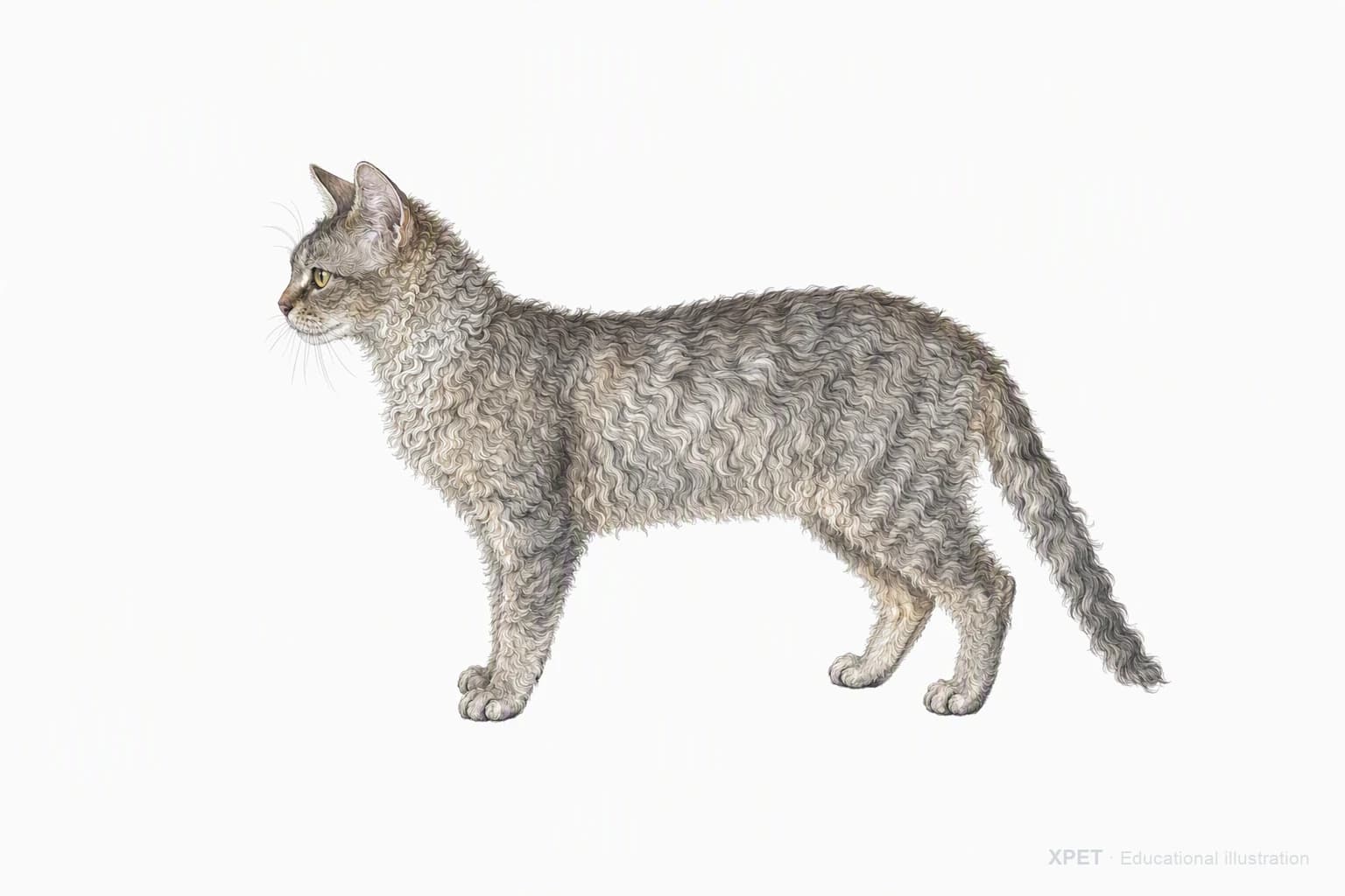 Original XPET engraving and watercolor illustration of LaPerm: an adult in left-facing profile.