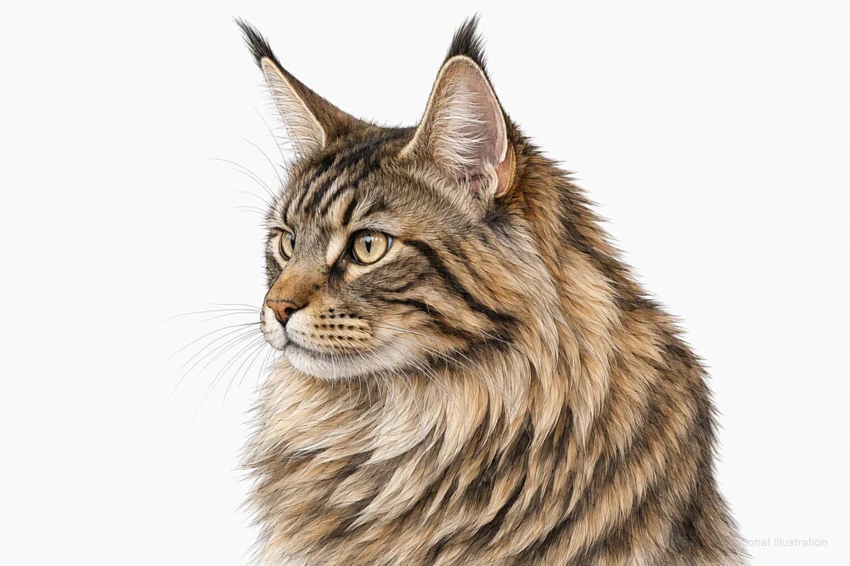 Original XPET engraving and watercolor illustration of Maine Coon: a head and coat detail study.