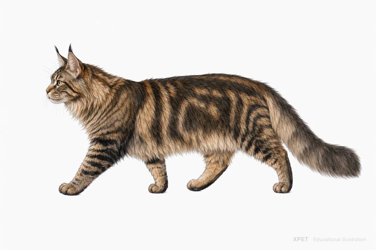 Original XPET engraving and watercolor illustration of Maine Coon: a natural movement study.