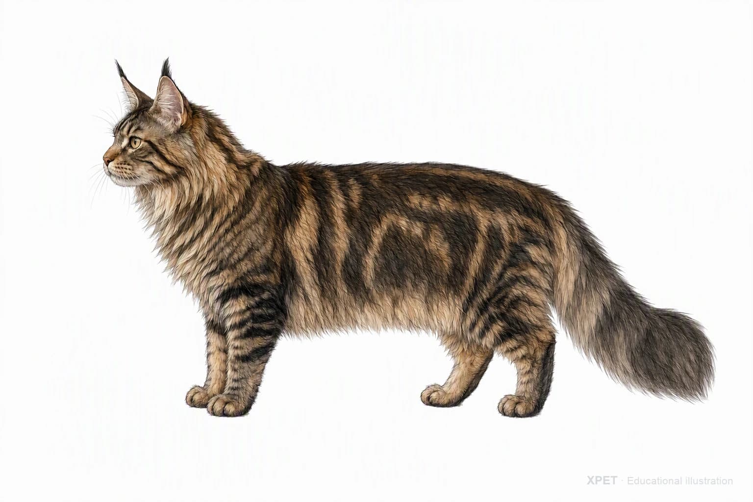Original XPET engraving and watercolor illustration of Maine Coon: an adult in left-facing profile.