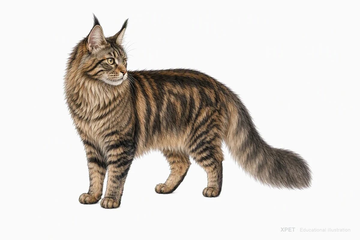 Original XPET engraving and watercolor illustration of Maine Coon: a complete three-quarter standing view.