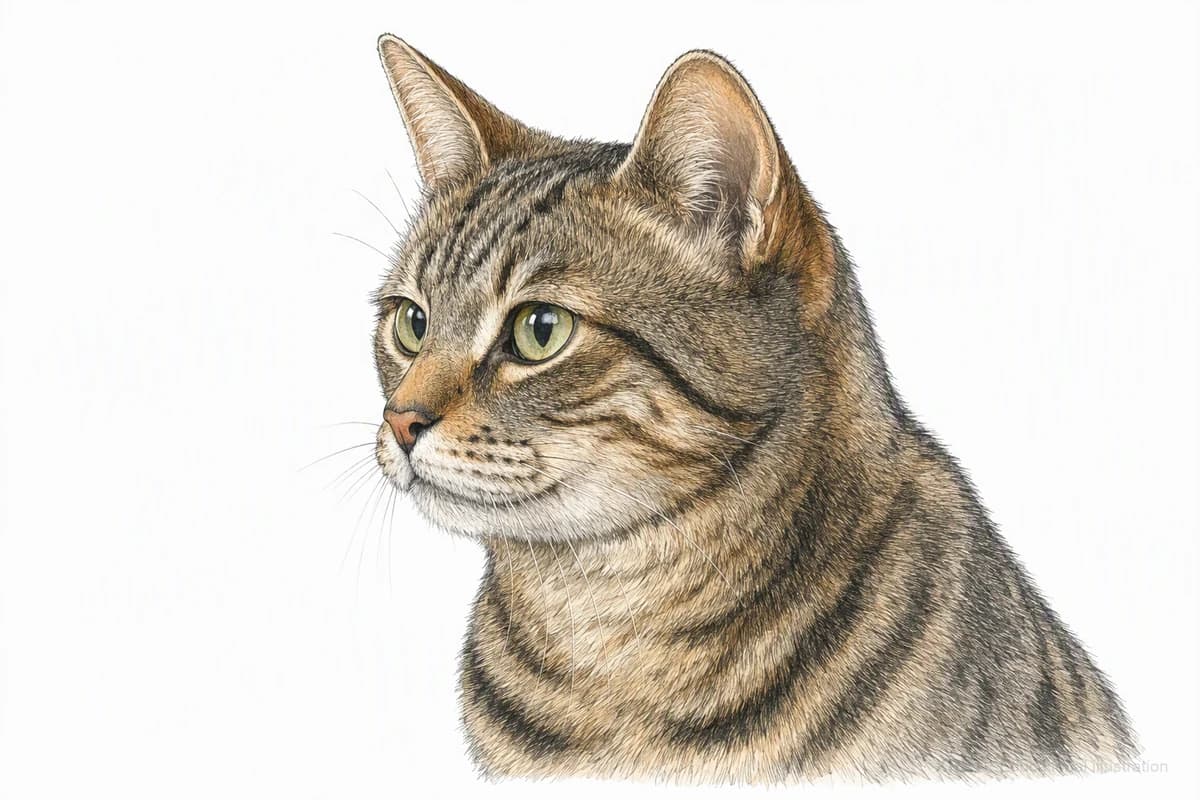 Original XPET engraving and watercolor illustration of Manx: a head and coat detail study.