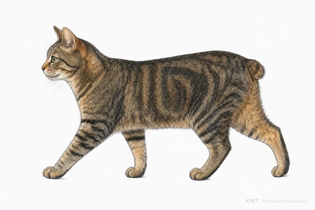 Original XPET engraving and watercolor illustration of Manx: a natural movement study.