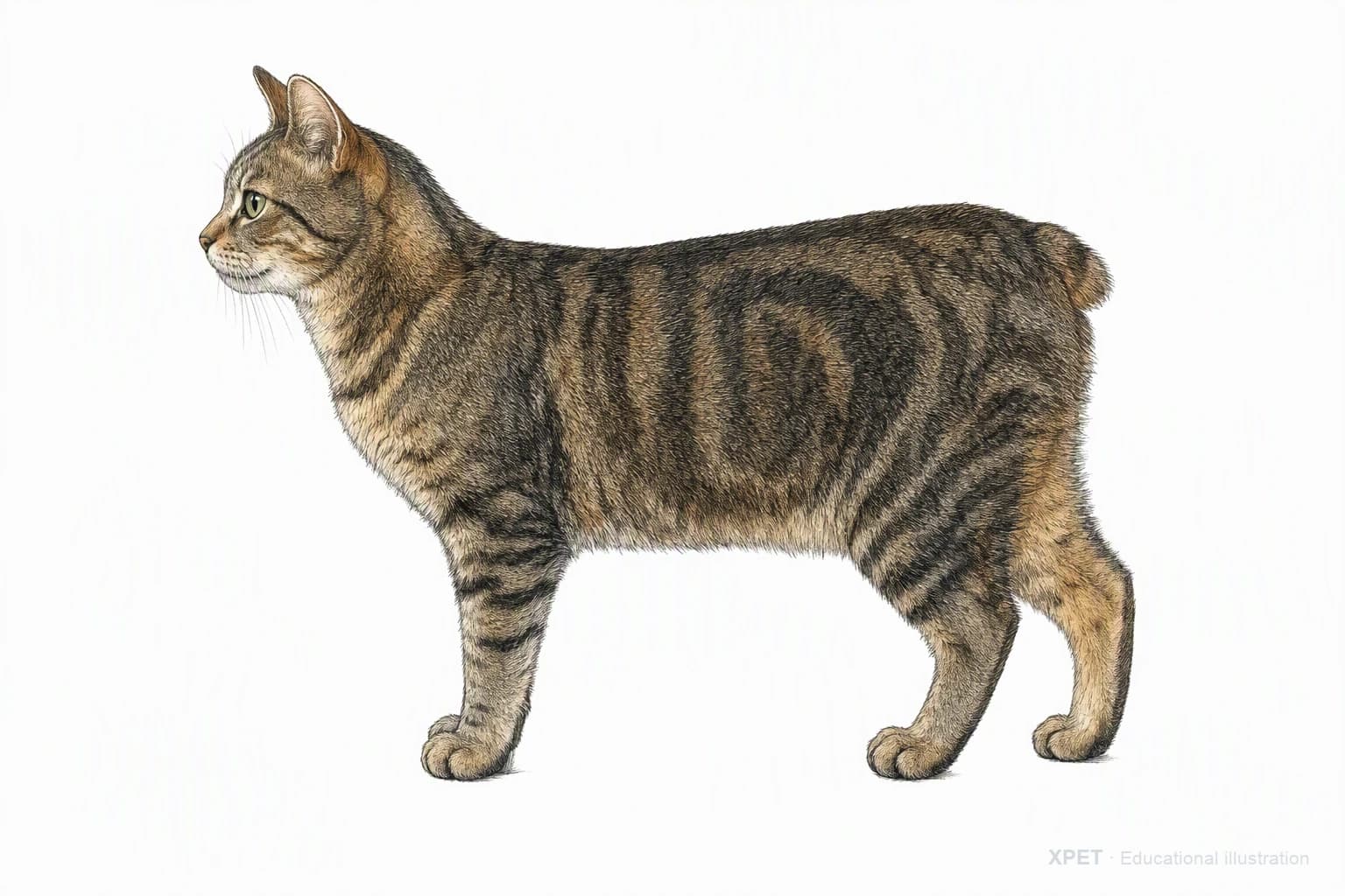 Original XPET engraving and watercolor illustration of Manx: an adult in left-facing profile.