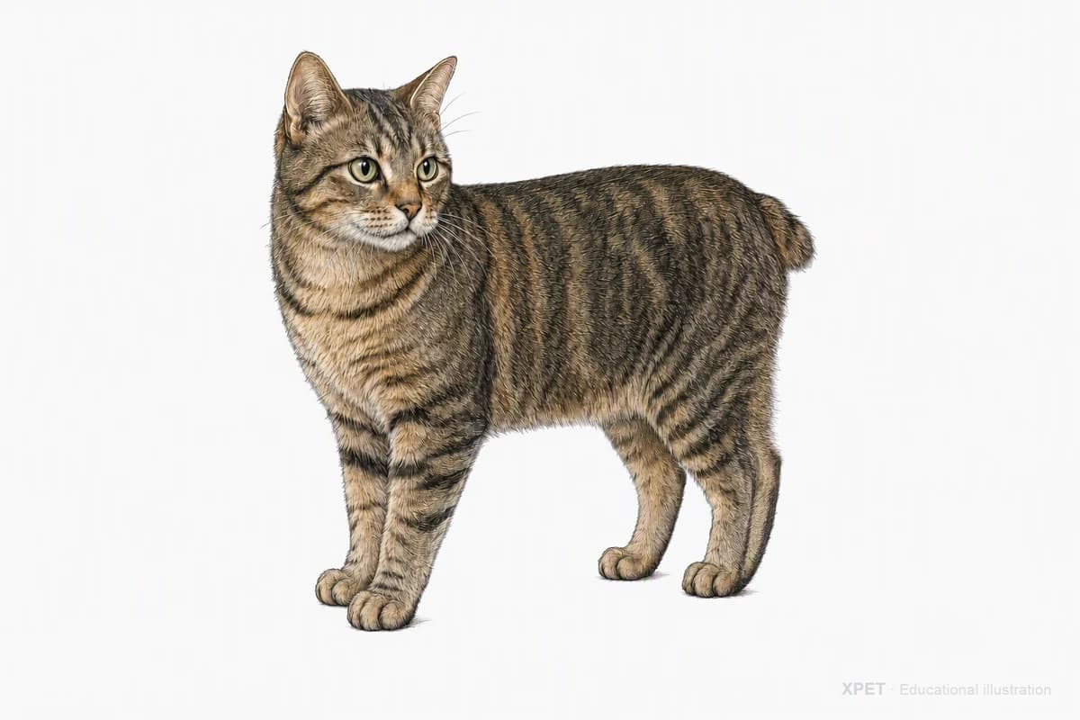 Original XPET engraving and watercolor illustration of Manx: a complete three-quarter standing view.