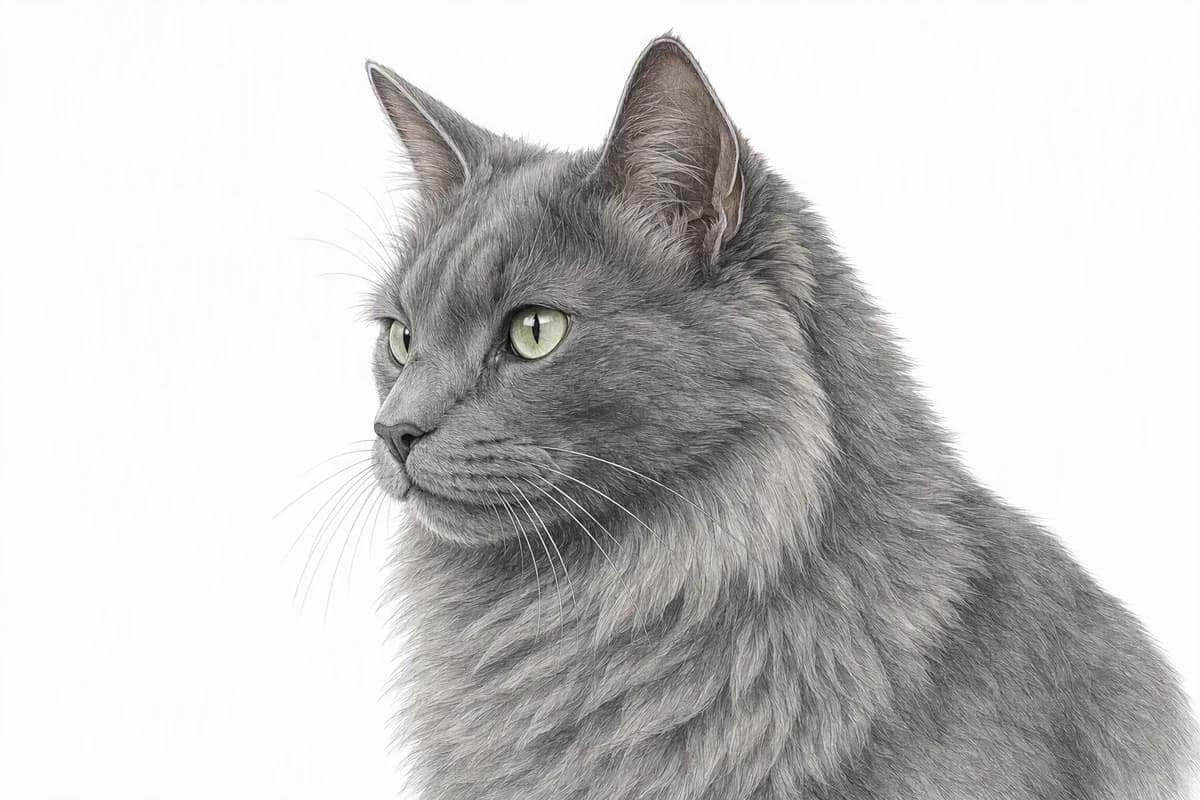 Original XPET engraving and watercolor illustration of Nebelung: a head and coat detail study.