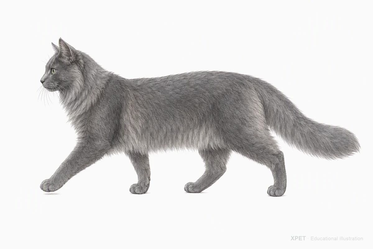Original XPET engraving and watercolor illustration of Nebelung: a natural movement study.