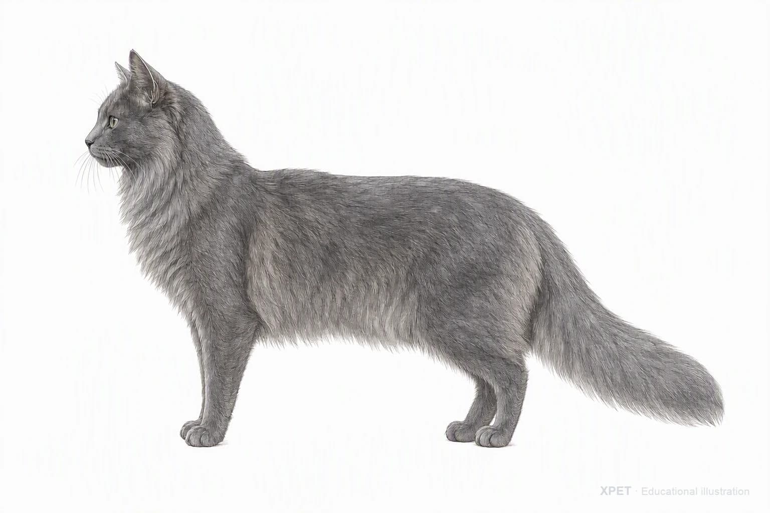 Original XPET engraving and watercolor illustration of Nebelung: an adult in left-facing profile.