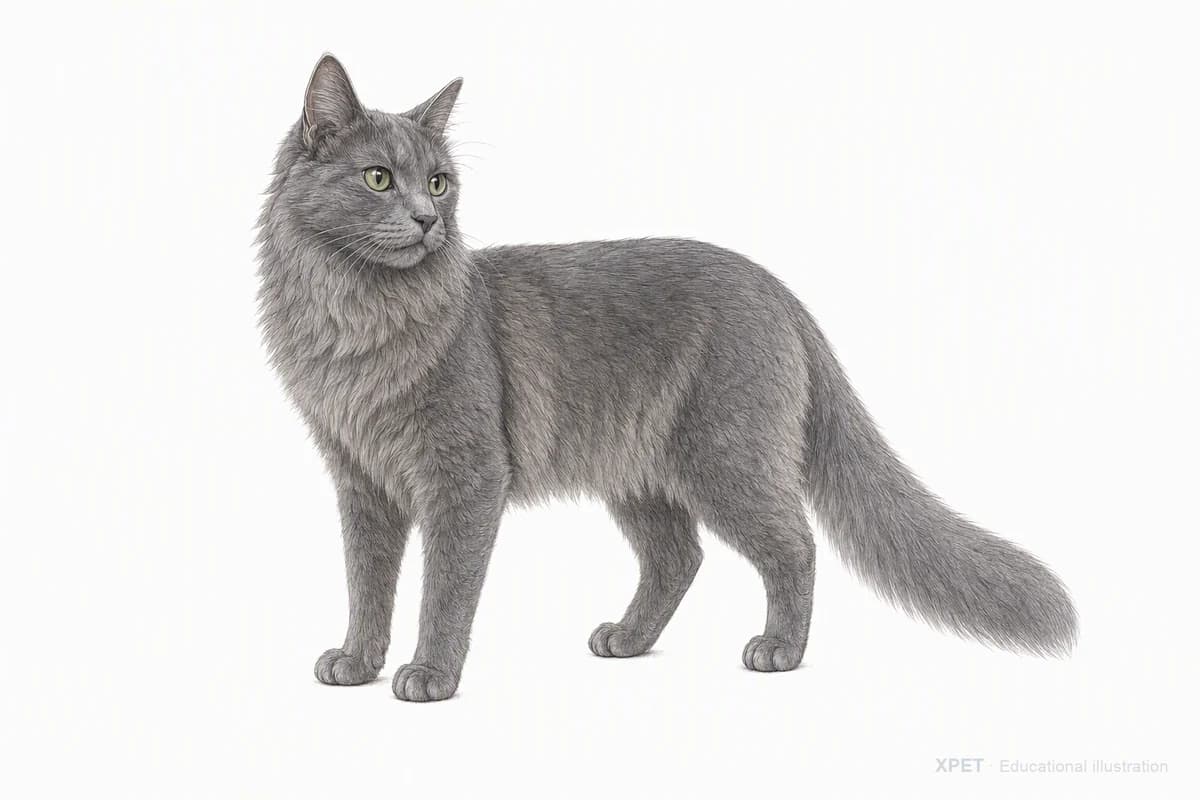 Original XPET engraving and watercolor illustration of Nebelung: a complete three-quarter standing view.