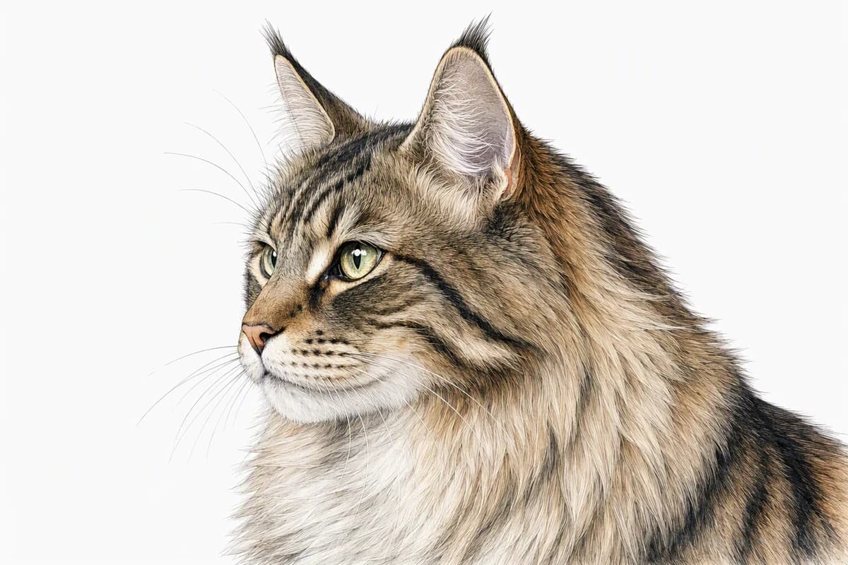 Original XPET engraving and watercolor illustration of Norwegian Forest Cat: a head and coat detail study.