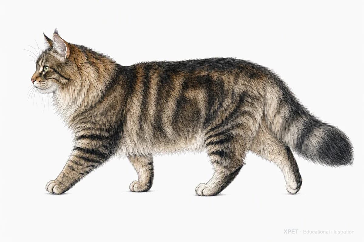 Original XPET engraving and watercolor illustration of Norwegian Forest Cat: a natural movement study.