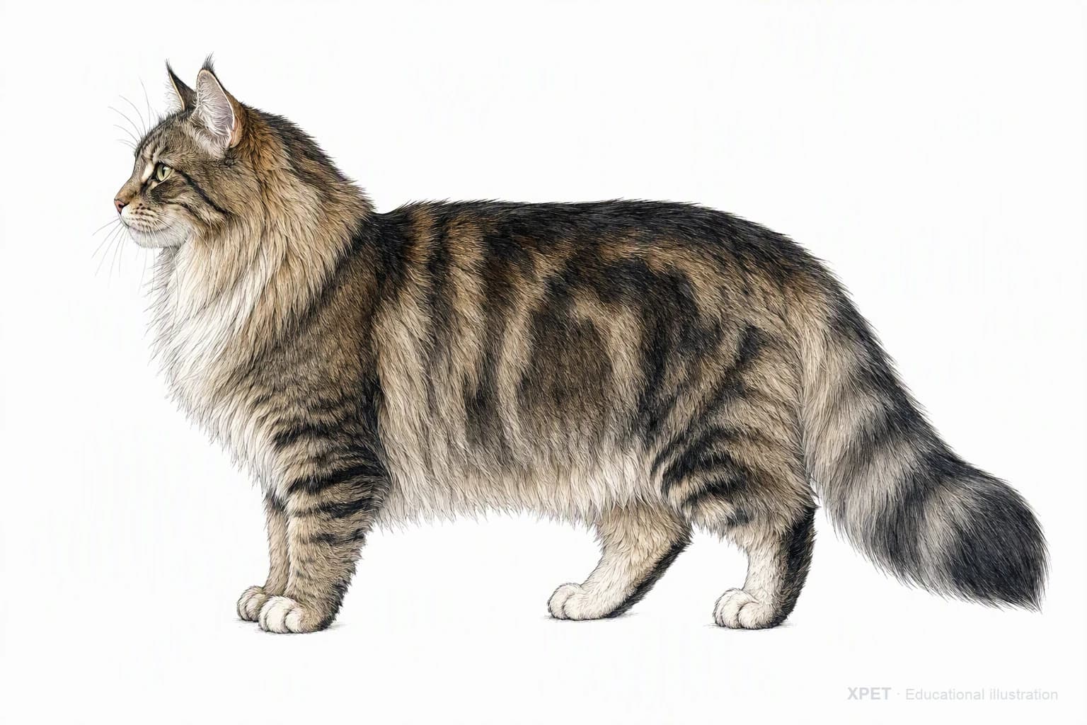 Original XPET engraving and watercolor illustration of Norwegian Forest Cat: an adult in left-facing profile.