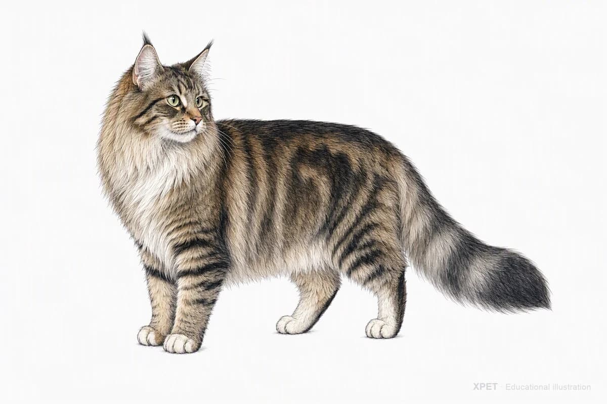 Original XPET engraving and watercolor illustration of Norwegian Forest Cat: a complete three-quarter standing view.