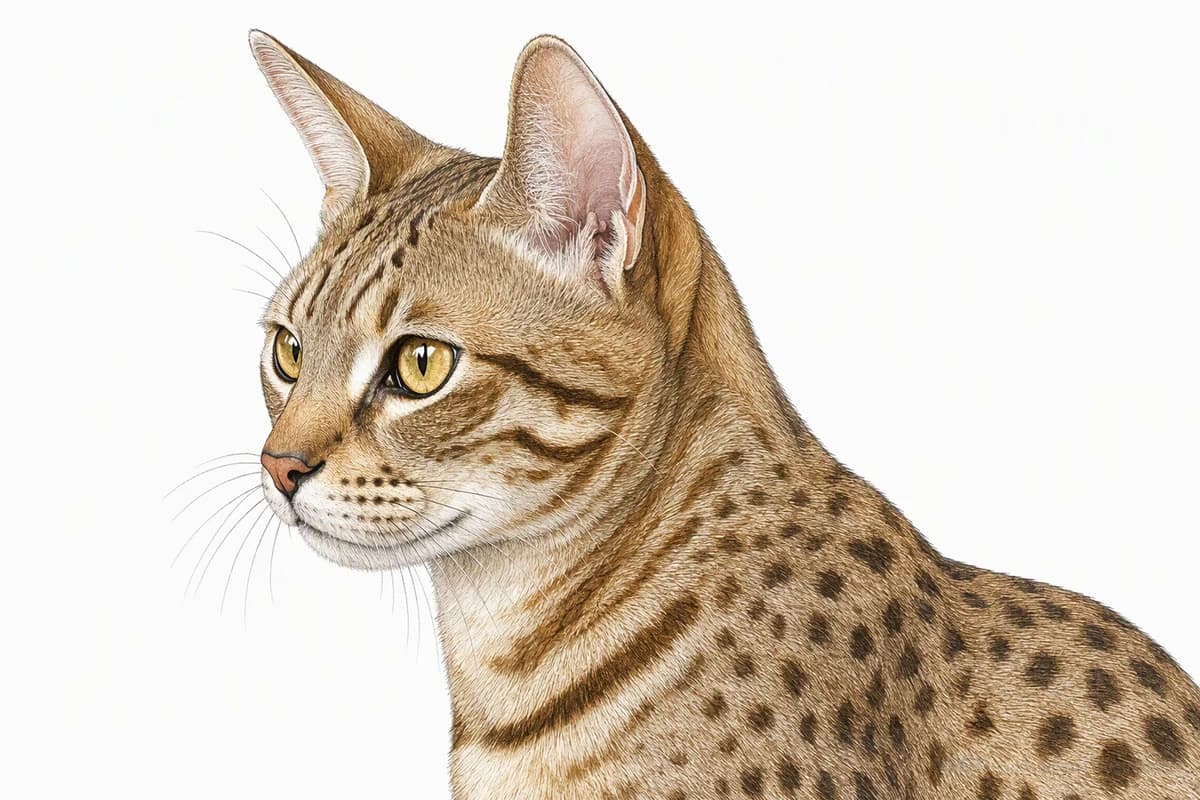 Original XPET engraving and watercolor illustration of Ocicat: a head and coat detail study.