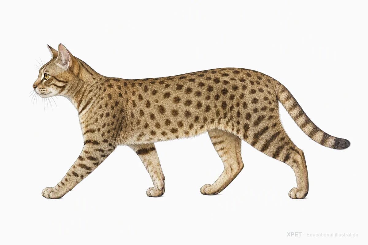 Original XPET engraving and watercolor illustration of Ocicat: a natural movement study.