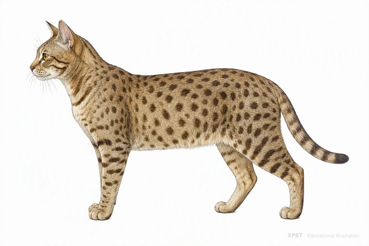 Original XPET engraving and watercolor illustration of Ocicat: an adult in left-facing profile.