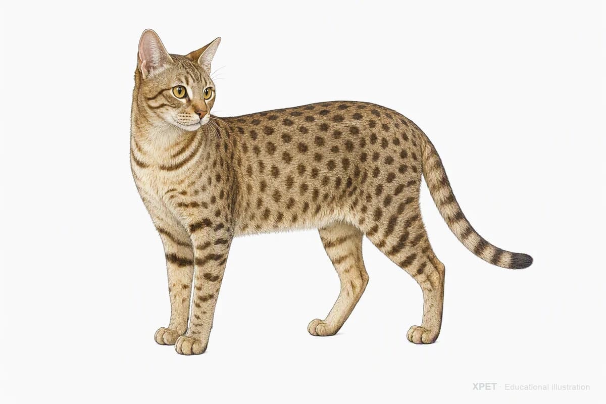 Original XPET engraving and watercolor illustration of Ocicat: a complete three-quarter standing view.