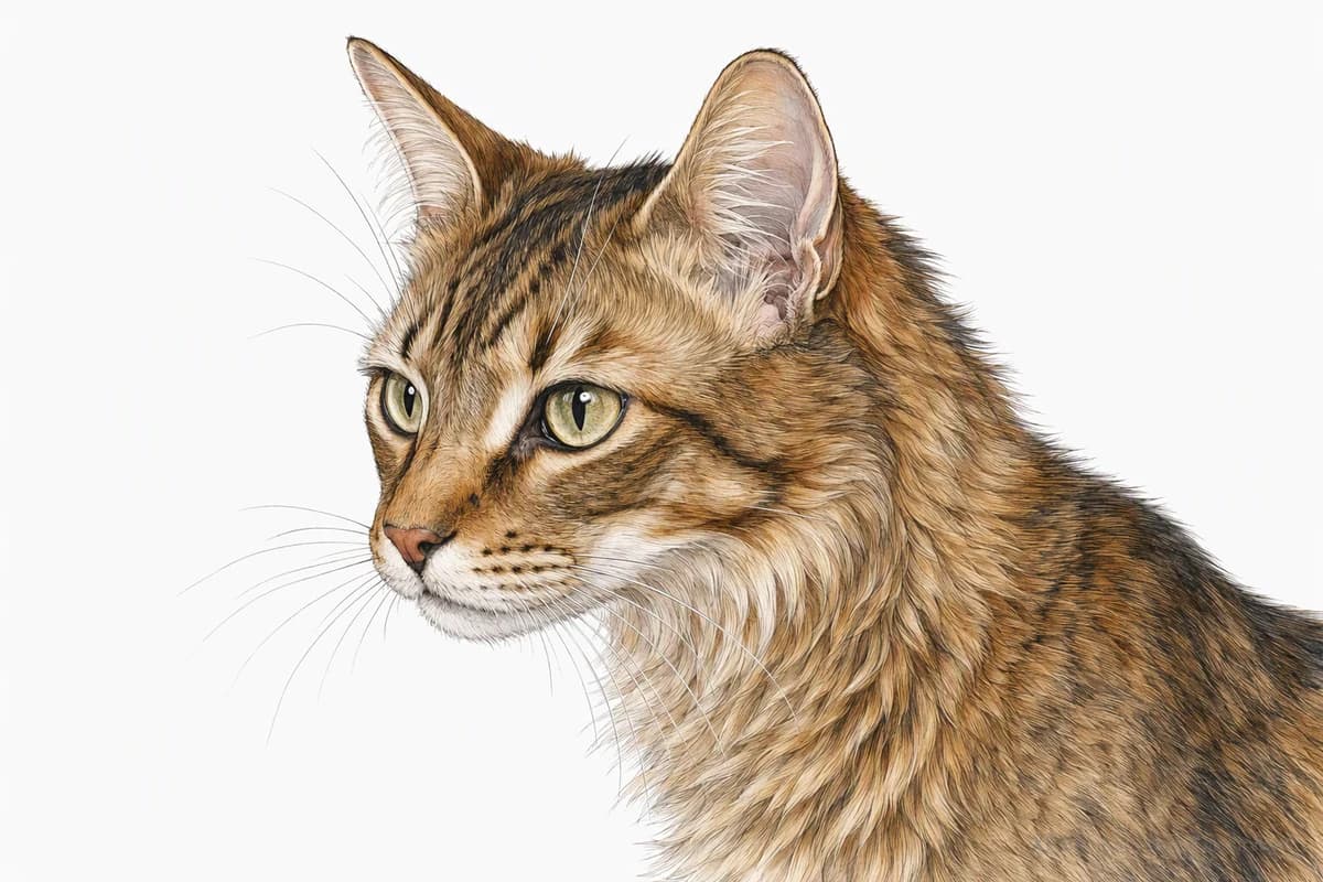 Original XPET engraving and watercolor illustration of Oriental Longhair: a head and coat detail study.