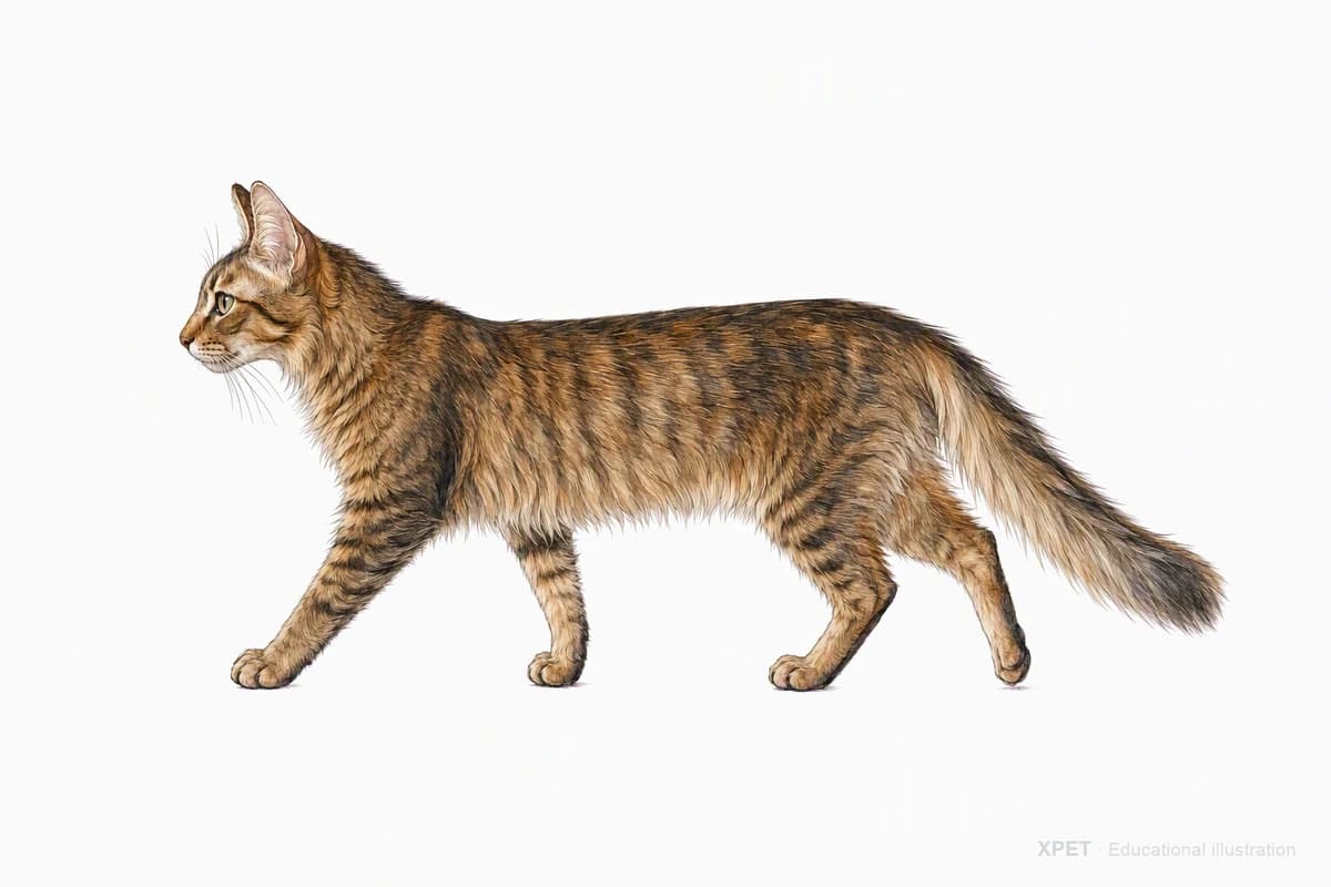 Original XPET engraving and watercolor illustration of Oriental Longhair: a natural movement study.