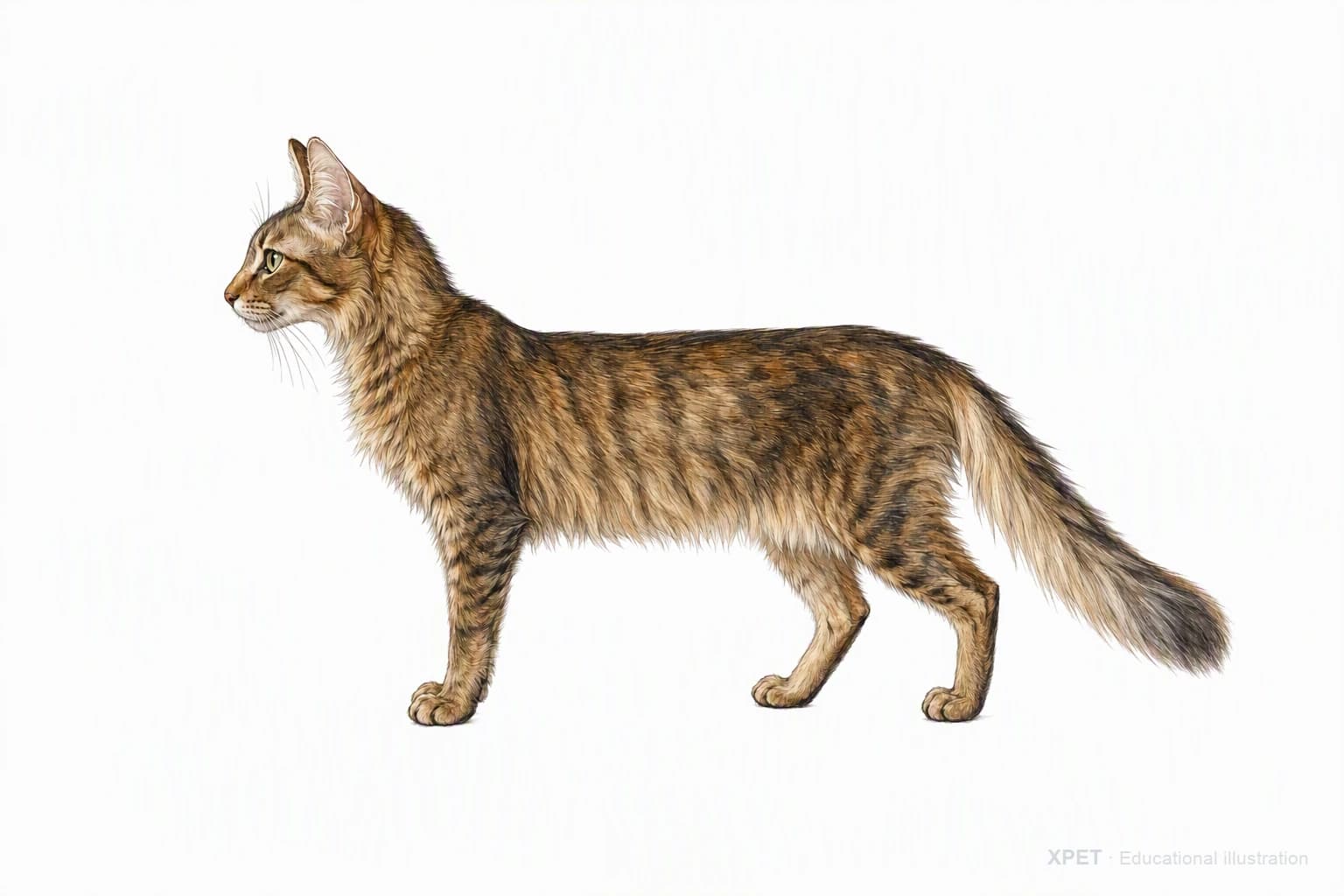 Original XPET engraving and watercolor illustration of Oriental Longhair: an adult in left-facing profile.